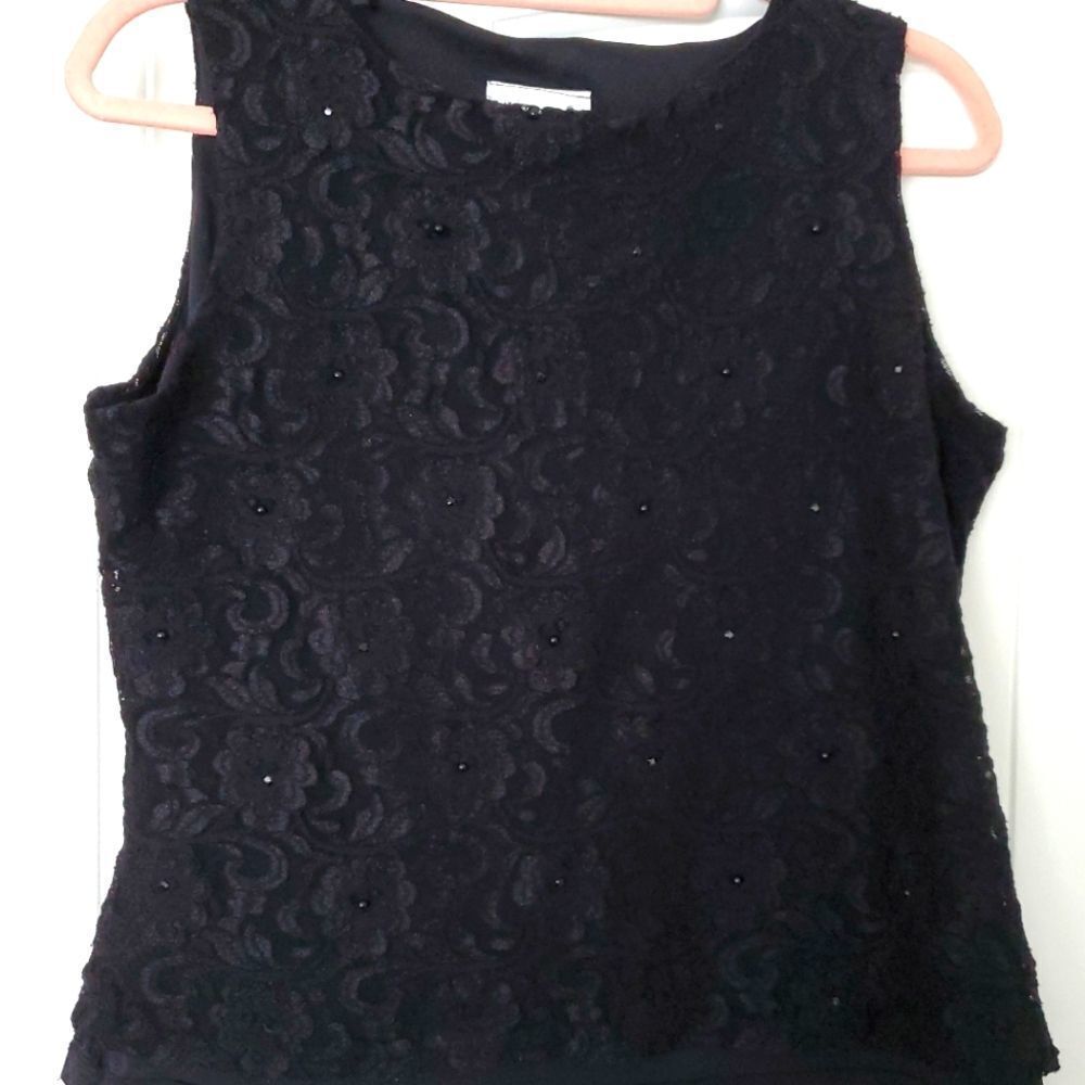 J.B.S. Black, lacy, sleeveless blouse with bead embellishments.  Size LP